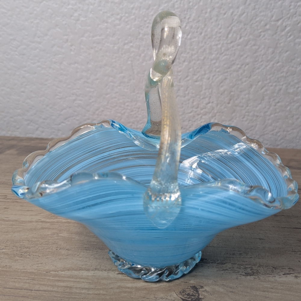 Murano Art Glass Basket Twisted Looped Handle Fine Striped Blue Swirl